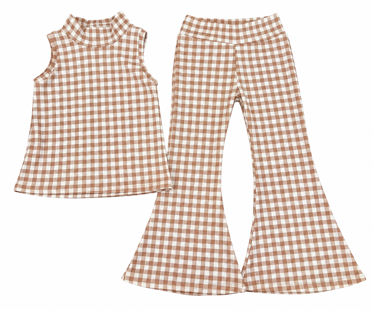 5T Brown Plaid Mock Neck/bell set